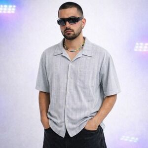 Vintage YMLA Gray Pattern Club Rave Shirt Mens Large Y2K Retro USA